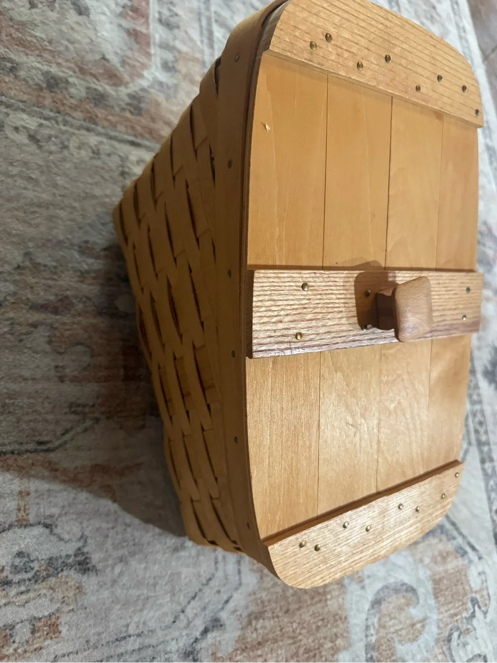 Handwoven Tan Wood Storage Basket with Hinged Lid